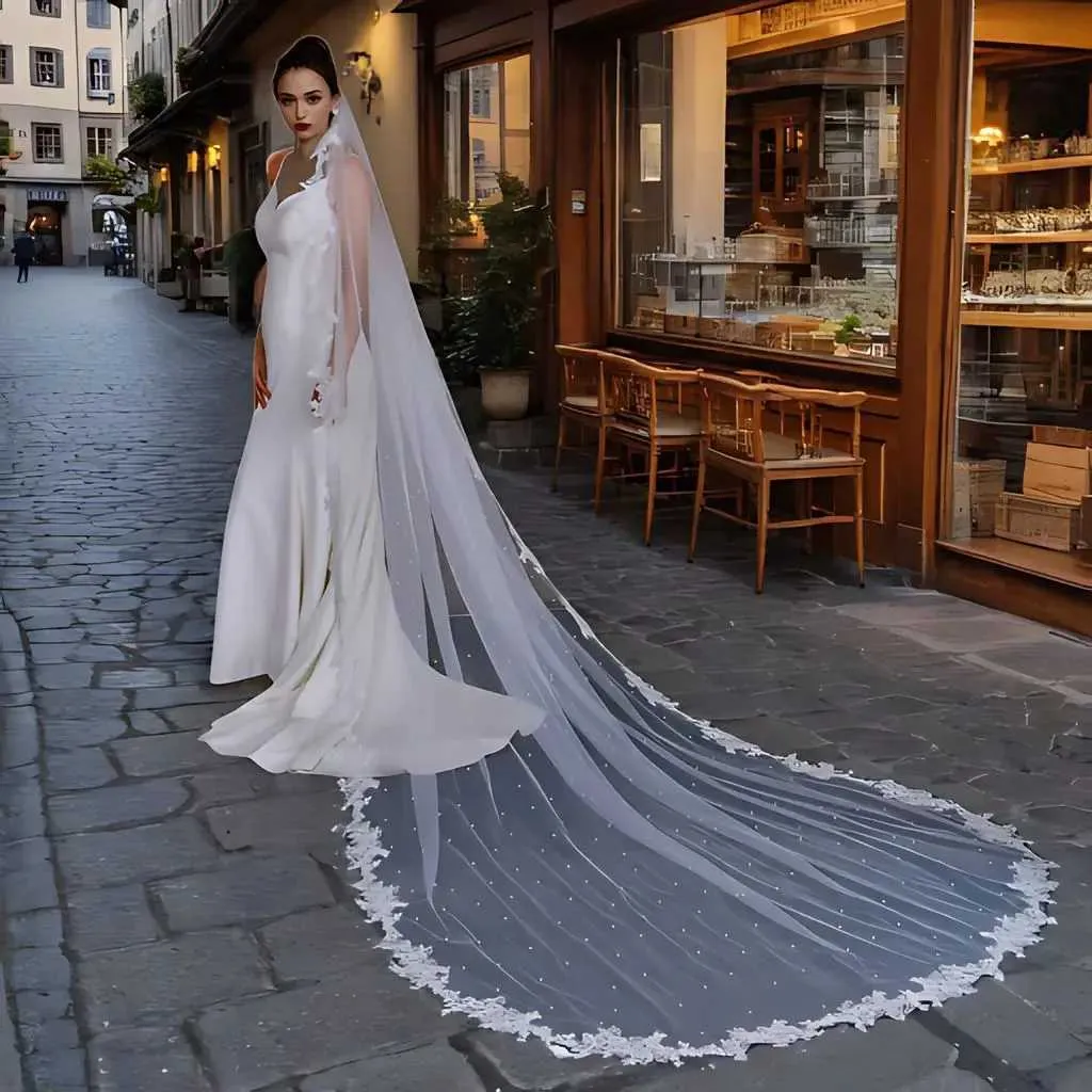 Haarschmuck V82 Perlen Schleier Spitze Rand Brautschleier 1 Stufen Perle Weicher Tüll mit Kamm Lange Hochzeitszubehör für_voghion.com