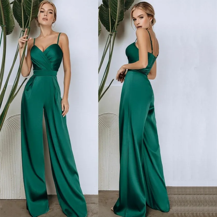 Green Jumpsuit Prom Dresses Sexig Spaghetti -band Cocktail Party Outfit Ruched Satin Empries Ladies Robe de Soiree 264i