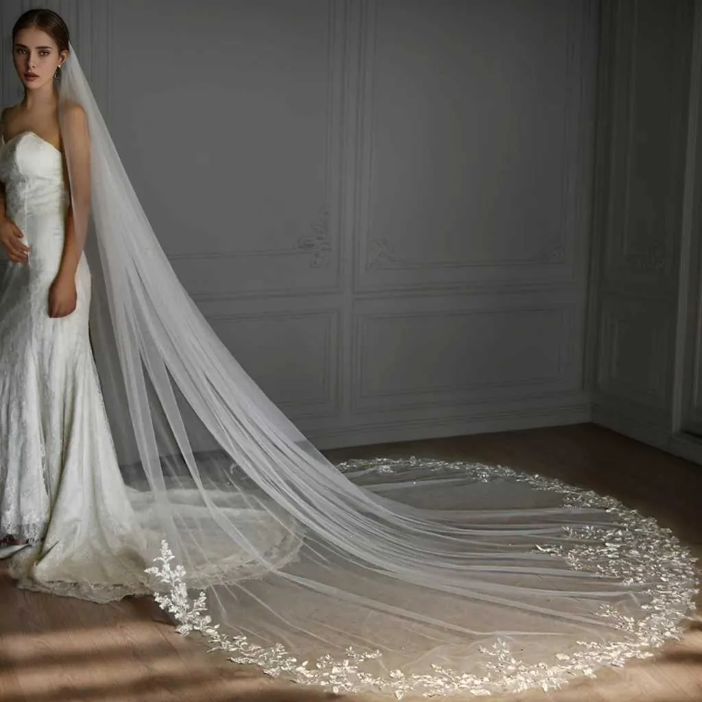 Hårsmycken V206 Långa Slöjor för Brud Brudslöja Plus Size Klänningar Accessoarer Spets Broderi Bröllopsslöja_voghion.com