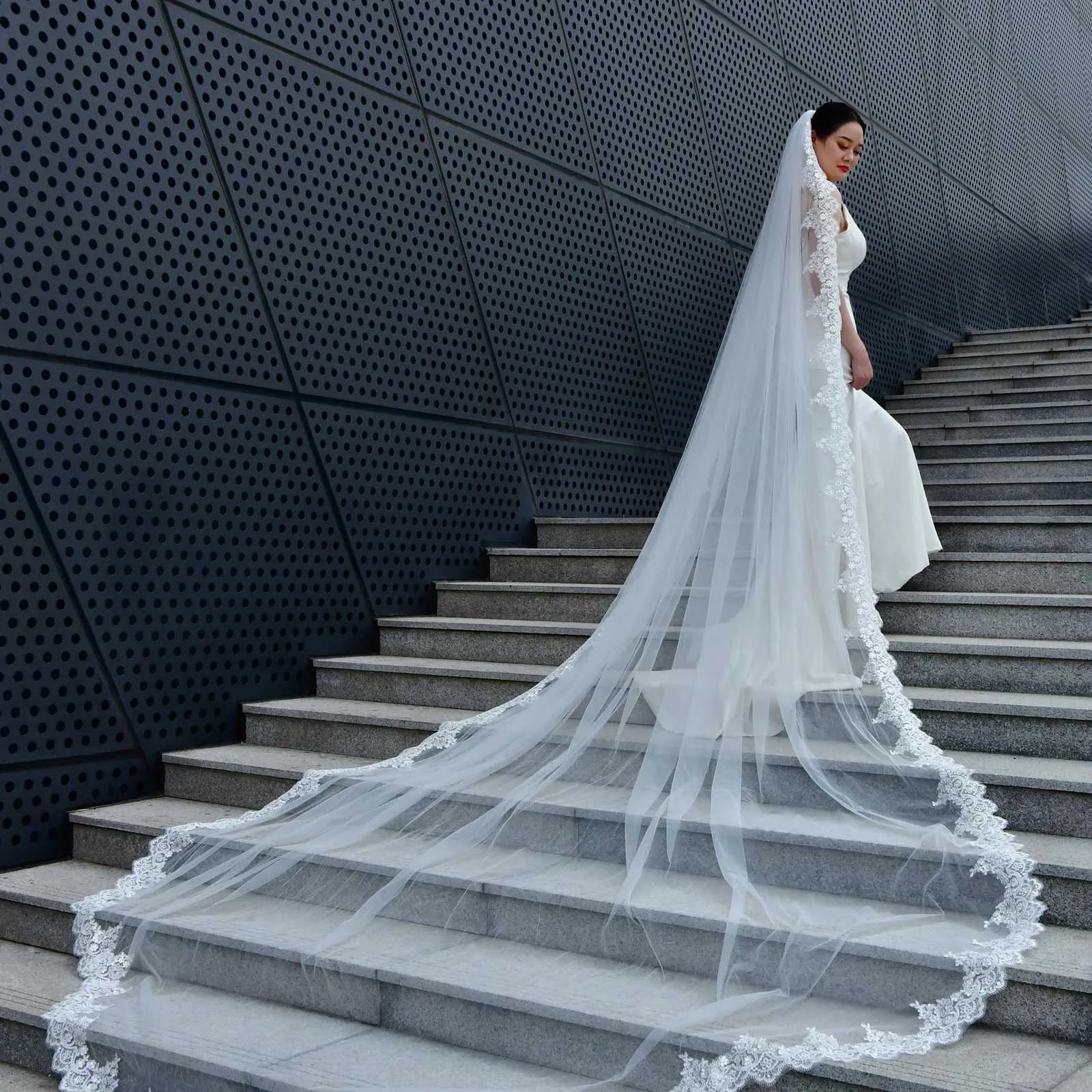 Hair Jewelry V152 Wide Veil Long Cathedral Bridal Veils 1 Tier 3M Lace Appliques Scalloped Edge Mantilla Tulle Wedding_voghion.com