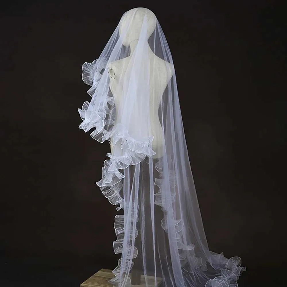 Bridal Veil Romantic 1 Tier Organza Ruffled Edge For Wedding_voghion.com