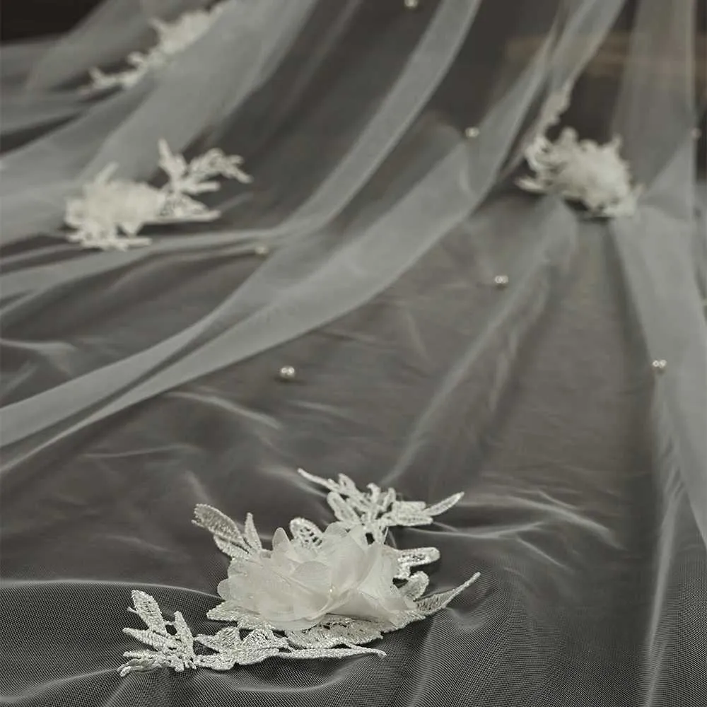 Gioielli per capelli 3D Fiori Veli da sposa Perle Velo 1 strato Lungo Cattedrale veu con pettine Accessori da sposa per la sposa VP56_voghion.com