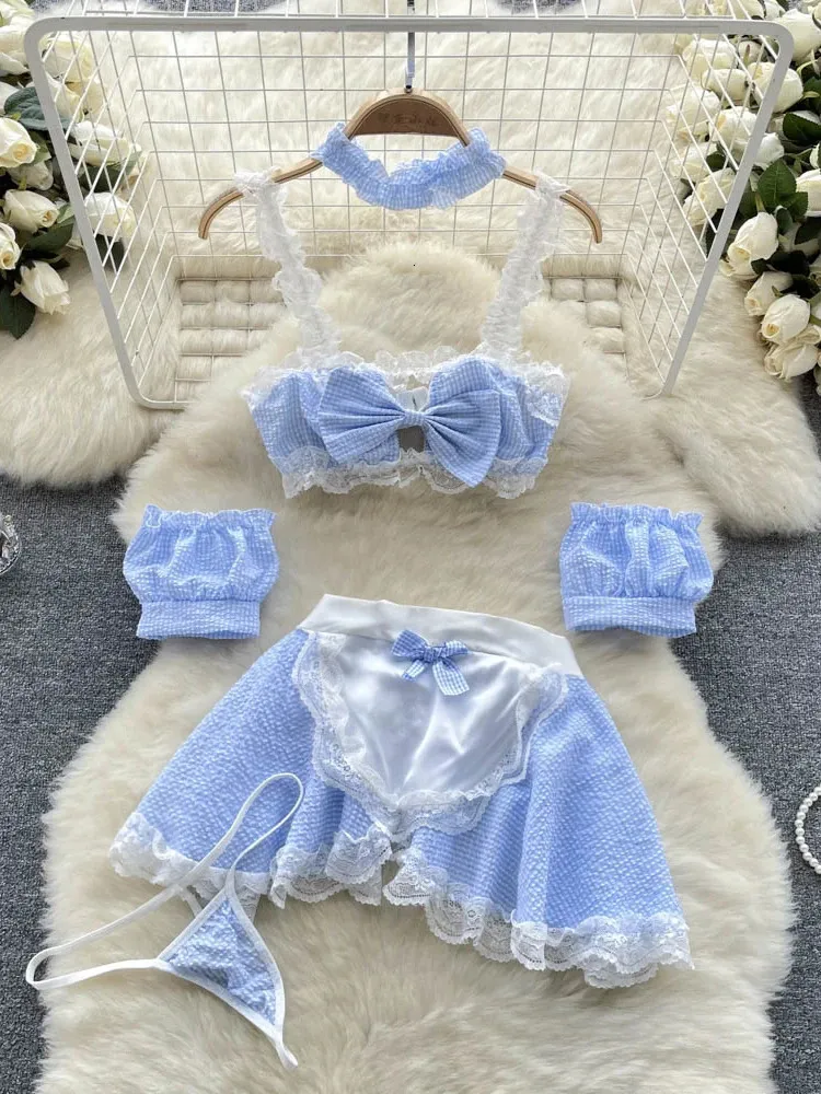 Maidservant Apron Dress Ladies Lace Sweet Erotic Three Pieces Sets Fashion Korean Style Plaid Cosplay Sexy Night Suits 240511