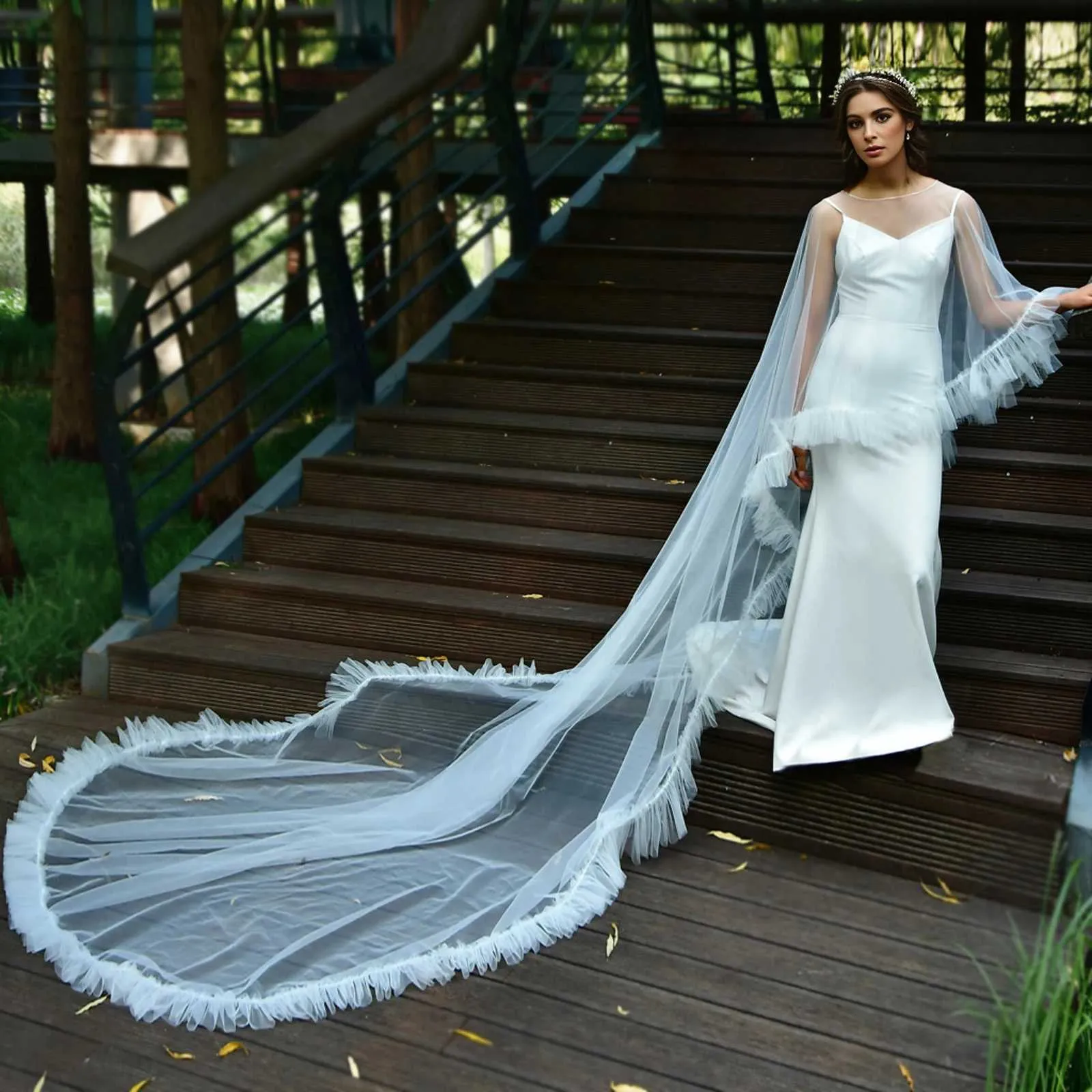 Joyas para el cabello para mujer MZB19, capa de novia larga, velo, bolero de talla grande, chaqueta elegante para mujer, capa tipo catedral para invitadas a la boda_voghion.com
