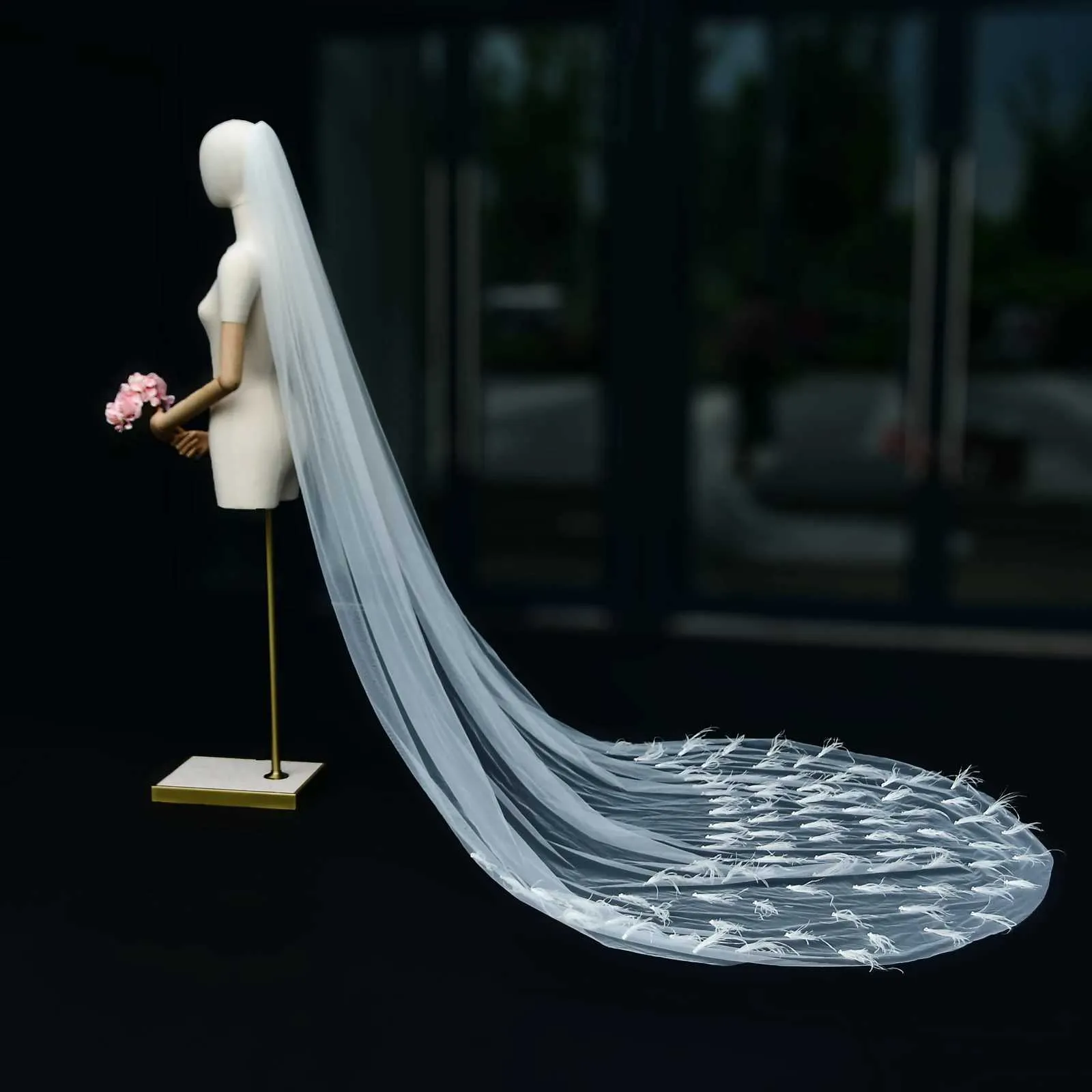 Schmuck V22 1 Tier Feder Perlen Kathedrale Hochzeit mit Kamm Braut Haar Zubehör Medine Seide Schleier_voghion.com