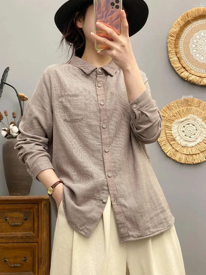 Frauenblusen Baumwollgarn barne Bluse 2024 Japan Mode atmungsaktiv Khaki karierte Hemden Soziale und elegante Kleidung