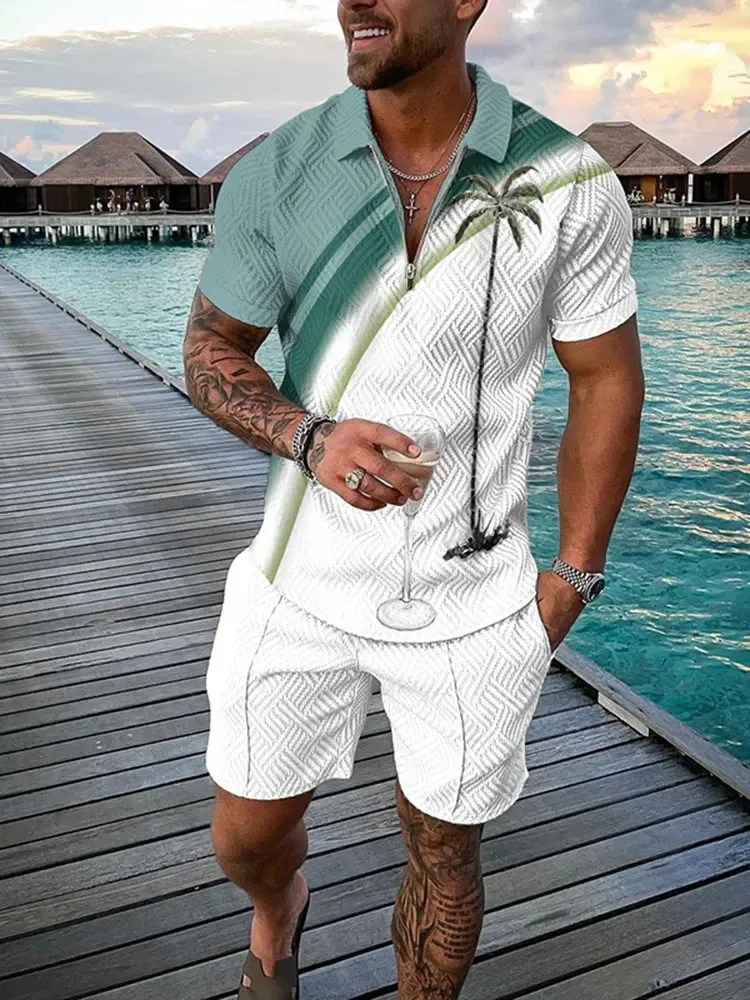 Summer Beach Coco Coco 3D Stampa di sudore da uomo Set di cerniera casual con cerniera Polo e pantaloncini 2 pezzi Set di abiti da uomo di moda 240513