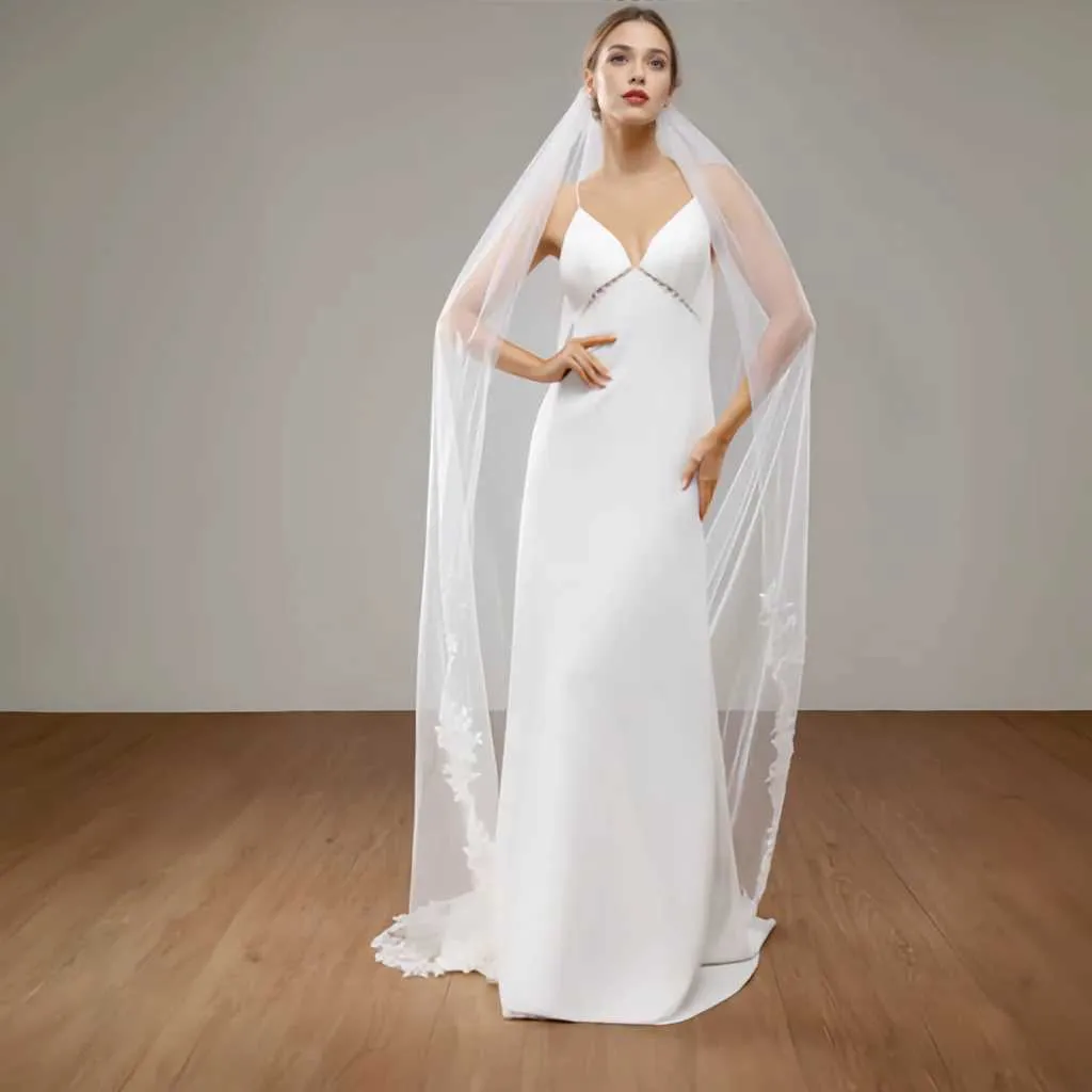 Bijoux de cheveux V47 Voiles de mariée courts Bord cathédrale Longueur Voile de mariage avec peigne Bordure en dentelle florale françaiseNuptiale_voghion.com