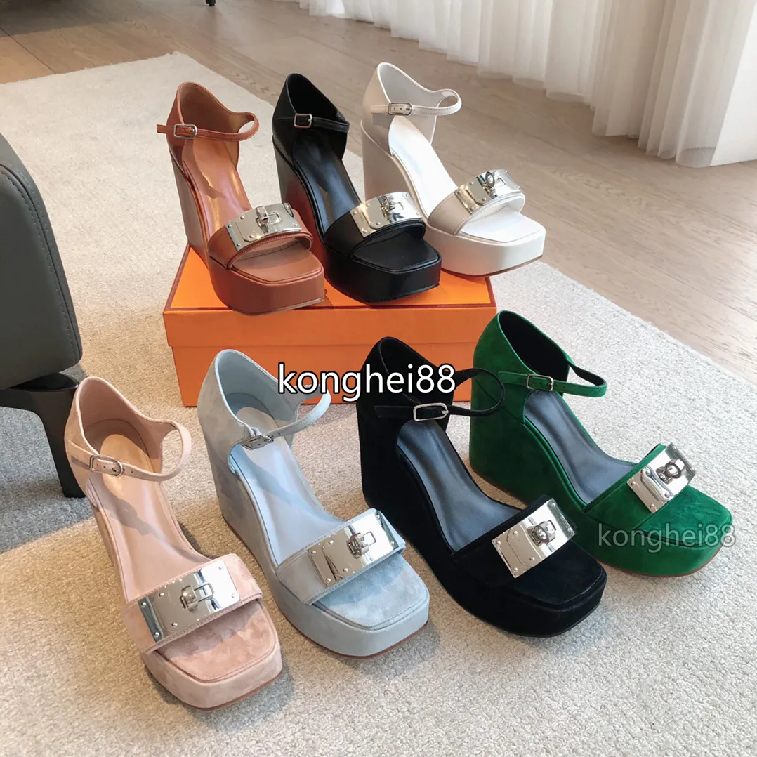 Women Top Quality Leather Fashion Sandals Luxury Designer Wedges Classic Metal Buckle Solid Summer High Heels Casual Buckle Open Toe Dress Shoes With Box