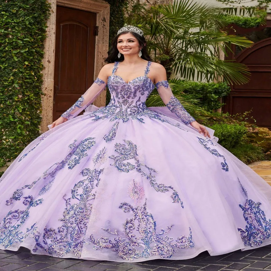 Lavender Sequin Кружевные платья Quinceanera Quince Anos с съемными рукавами 2021 Sparkly Dual-rap