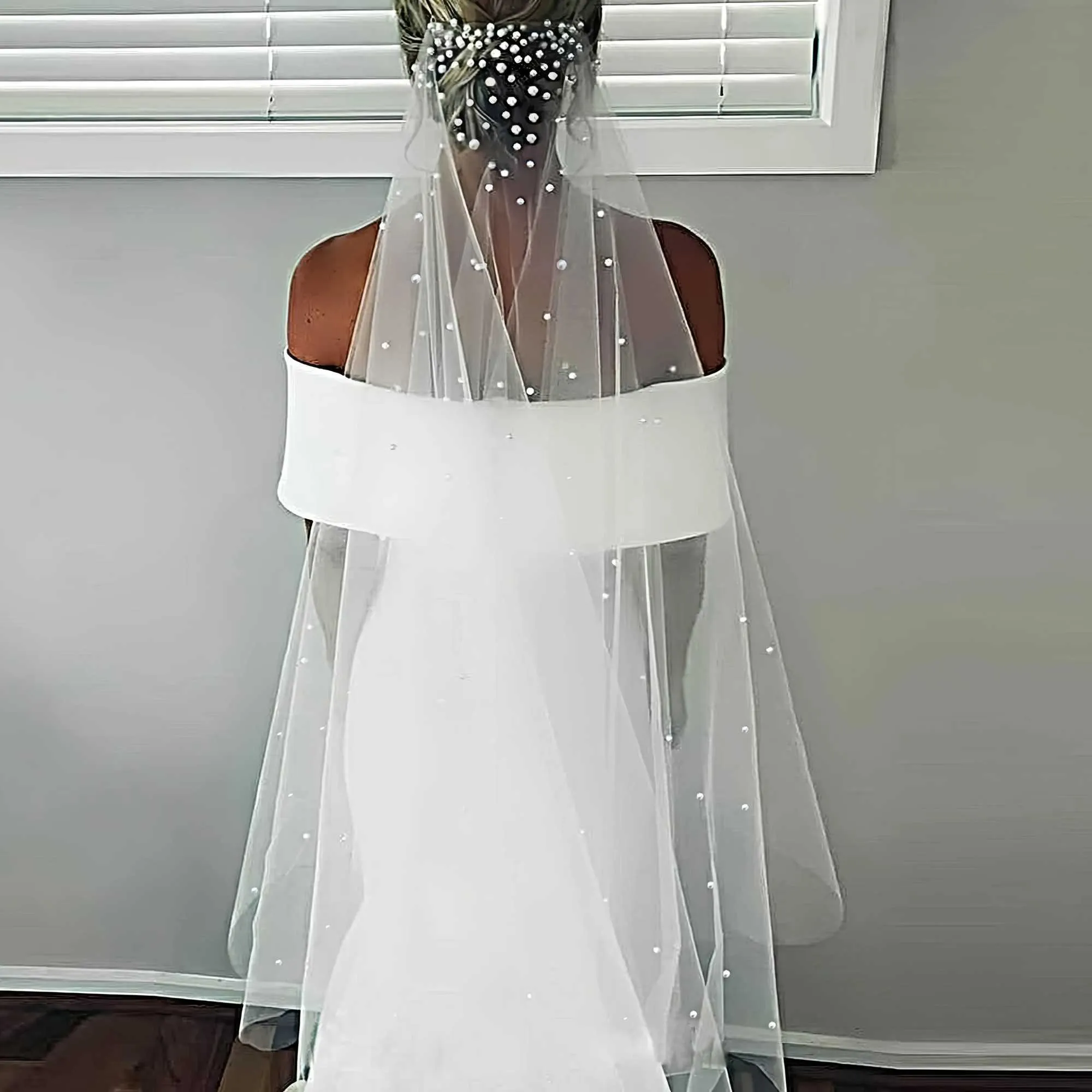 Schmuck V180 Perlen Brautschleier 1 Ebenen Schleier Farbverlauf Perlen Haarschmuck Bräute Hochzeit Mantilla für die Kirche_voghion.com