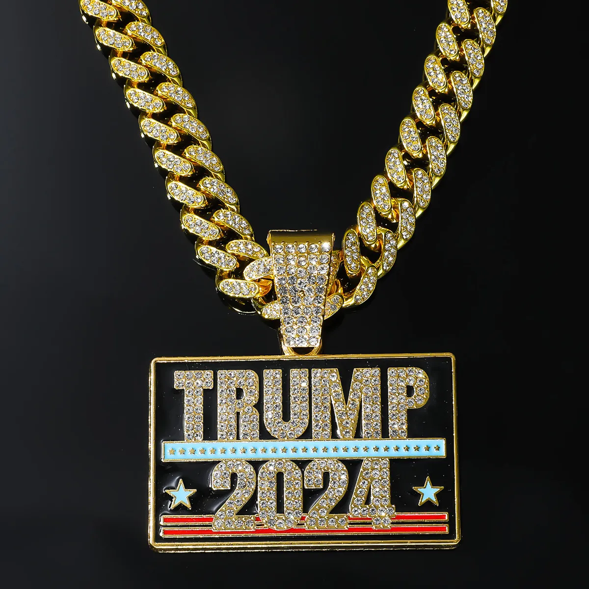 Kreativer Trump 2024 Full Diamond Fashion Persönlichkeit Anhänger Kubanische Ketten Halskette Party Gunst