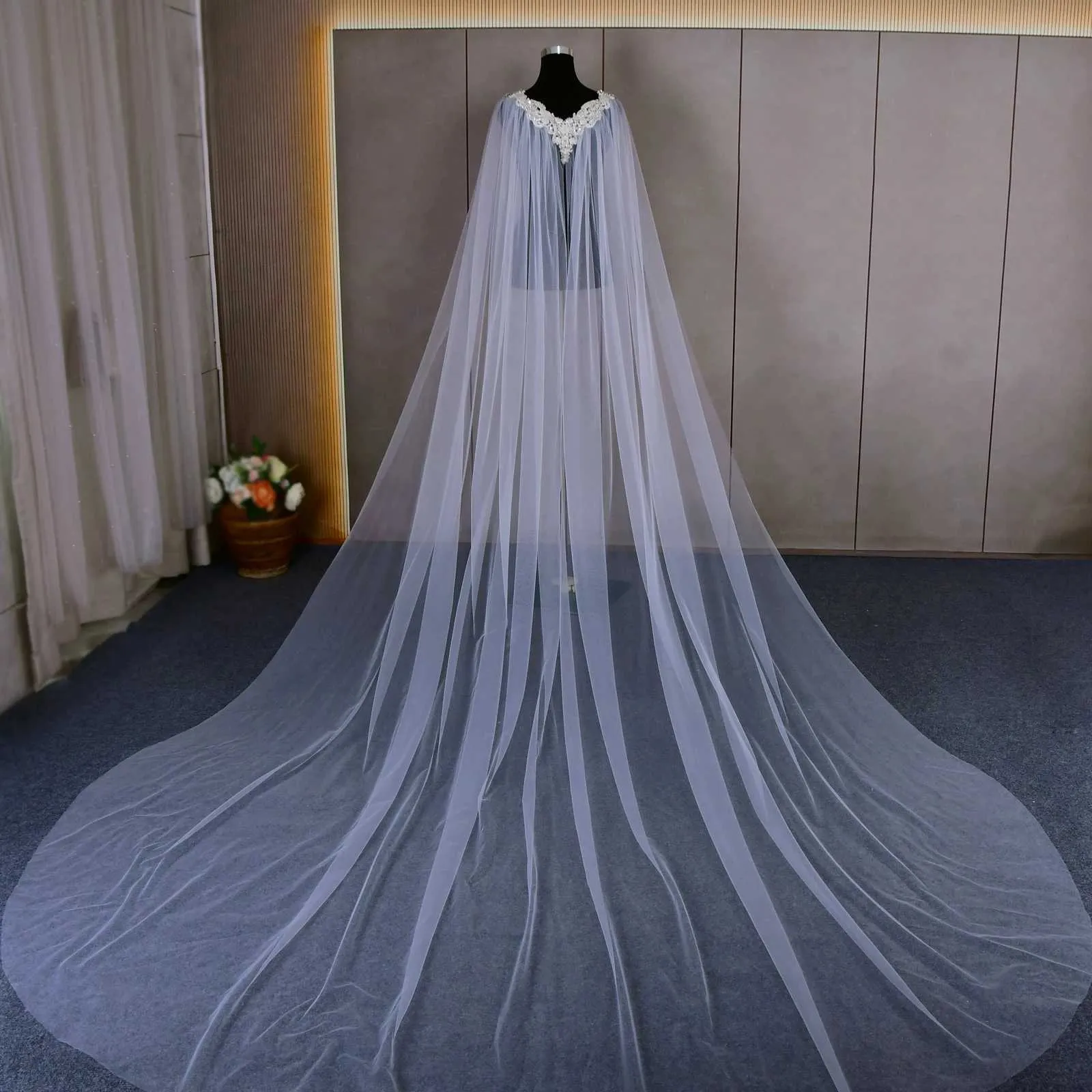 Long Bridal Cape Veil With 3d Flowers Elegant Wedding Shawl_voghion.com
