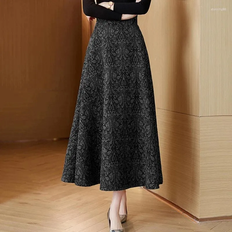 Rokken elegante mode jacquard vintage wollen lange rok vrouw 2024 winter dikker grote swing los a-line saias longas femme