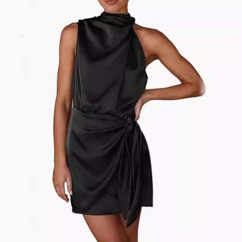 2024 Spring Women's Short Formal Satin Dress Summer ärmlös Standing Neck Tie Up Midjepack Cocktail Party F51347