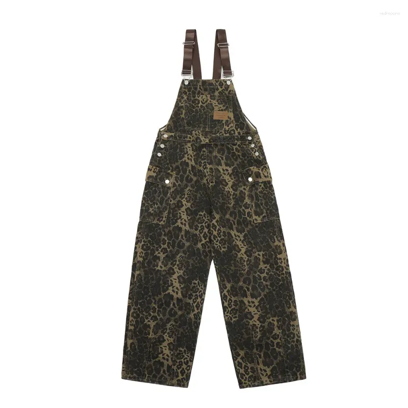 Men's Jeans American Vintage Street Leopard Print Overalls Design Loose Straight Denim Jumpsuit Trousers