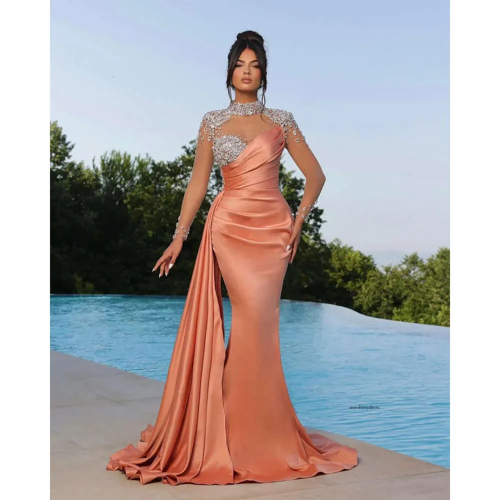 2024 Sexy Prom Dresses High Neck Illusion Peach Purple Crystal Beads Mermaid African Plus Size Satin Floor Length Evening Gowns Long Sleeves 0513