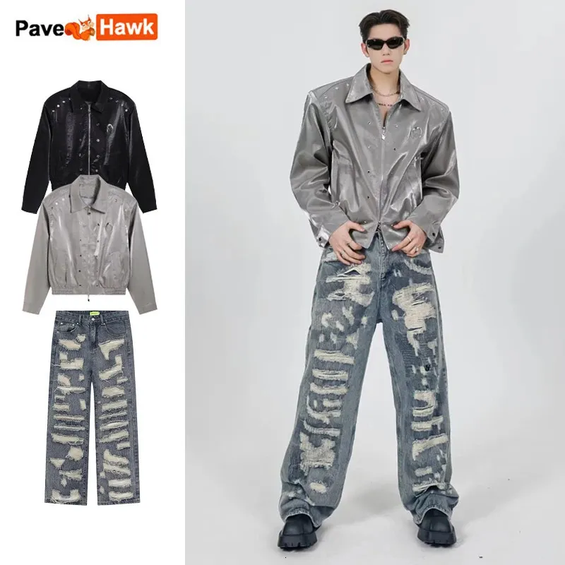 American Style Set Men Croped Jackets Hole Patch Straight Jeans Retro Loose Street 2st Suit Metal Color Set Autumn Hip Hop 240428