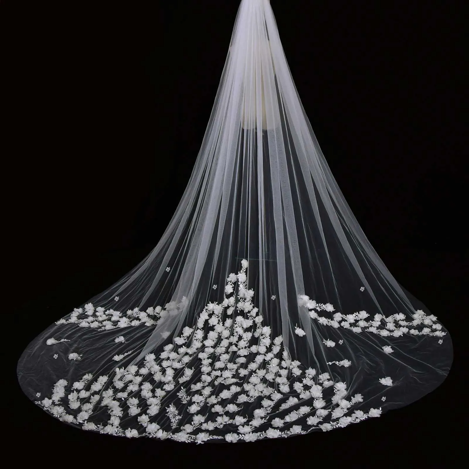 Hair Jewelry V123 Full Flowers Lace Beaded Wedding Veil Long Cathedral Style Soft Bridal Illusion with Comb Bride_ipsvogv.com