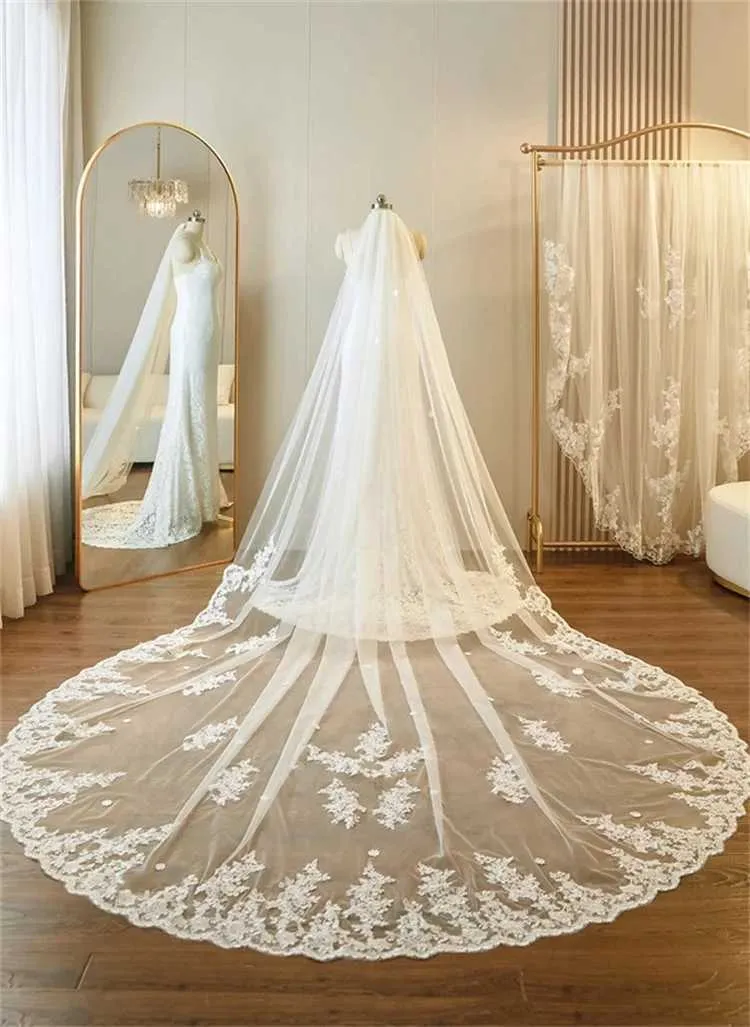 Bijoux de cheveux V67 voiles longs Style cathédrale dentelle brodée patch voile de mariage 1 niveau accessoires de robe de mariée pour_voghion.com