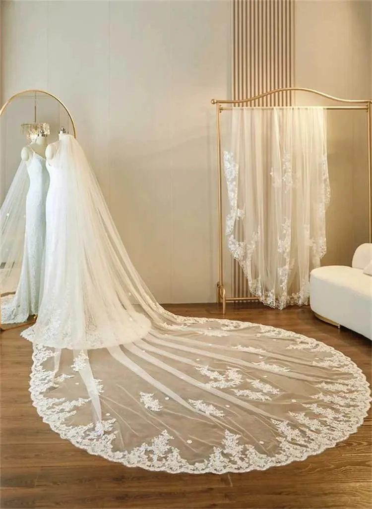 Bijoux de cheveux V67 voiles longs Style cathédrale dentelle brodée patch voile de mariage 1 niveau accessoires de robe de mariée pour_voghion.com