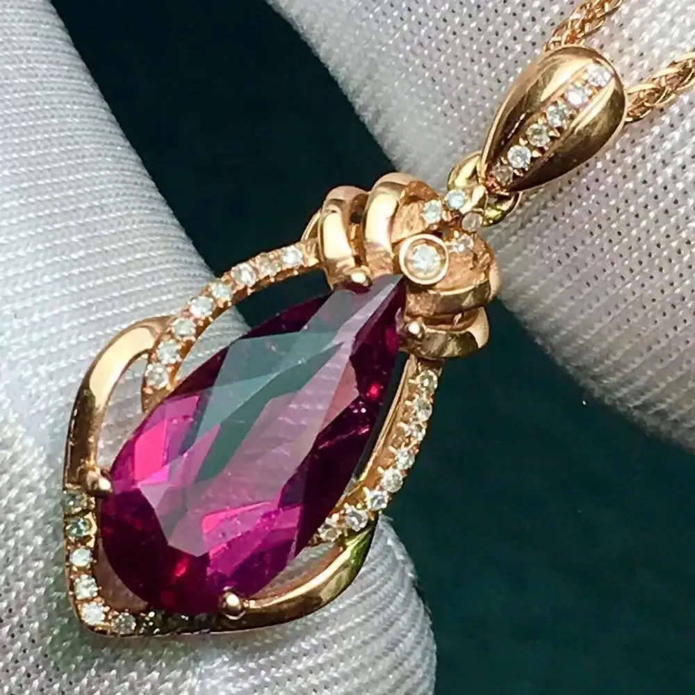 Rubillite Tourmaline Pendant Real 18 K Gold 100 Natural 305ct Gemstones Diamond Necklace 240511