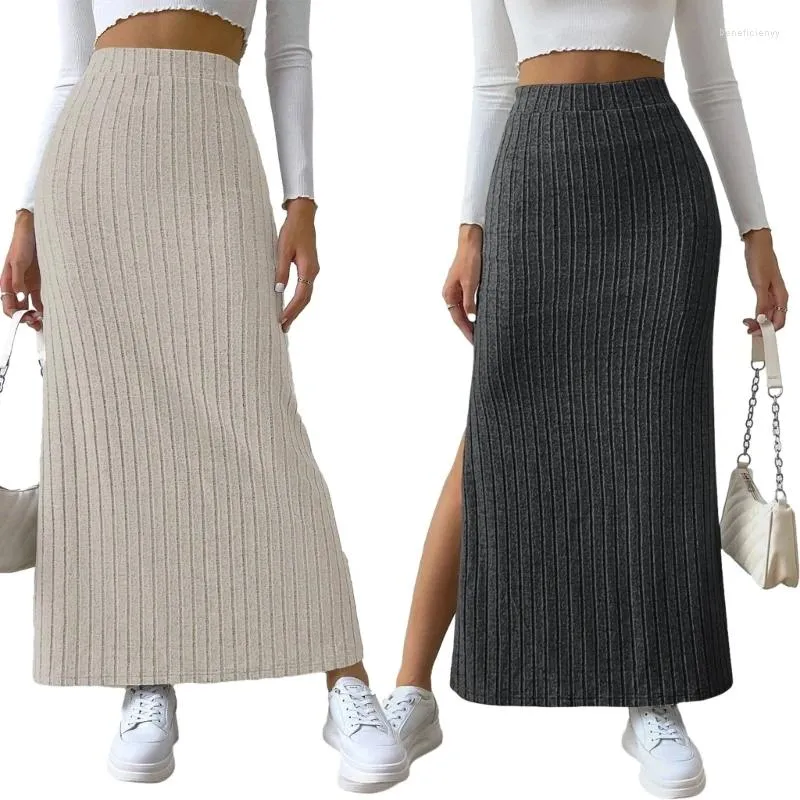 Skirts Women Elastic Waist Side Split Rib Knit Maxi Bodycon Pencil Skirt Solid Color Knitwear Package Hip Long