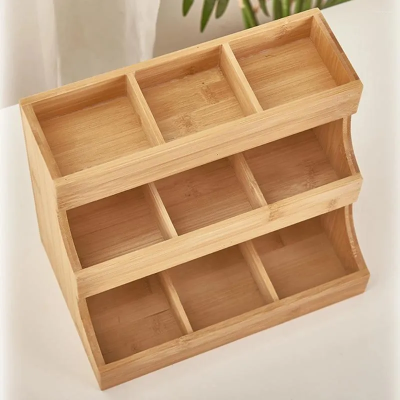 Keukenopslag bamboe houten gele theezakje houder met compartimenten ruimtebesparende eenvoudige organisatie voortreffelijk ambacht