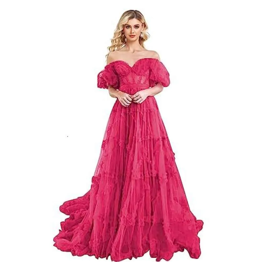 Off The Shoulder A Line Prom Dresses Long Ruffles Tulle Ball Gown Princess Puffy Sleeve Quinceane...