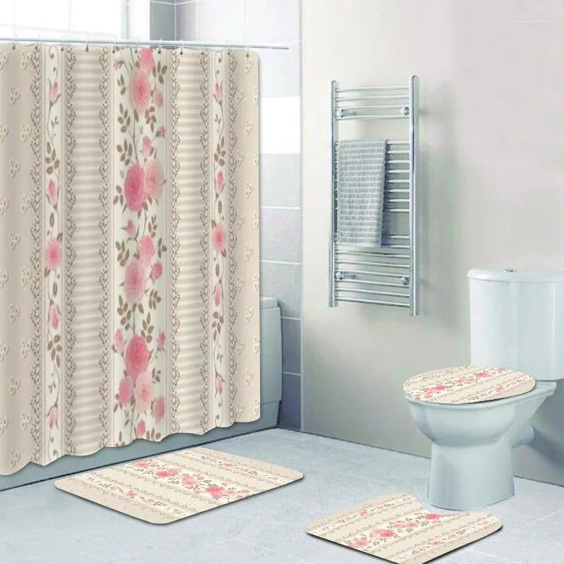 Duschvorhänge schäbige Streifen und rosa Rosen Spitzenvorhang Set für Bad Retro Chic Beige Pastellblumenmatten Teppiche Toilette