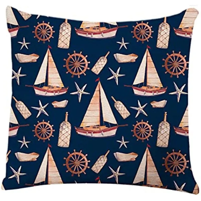 Pillow Marine Pattern Throw Cover Sailboat Wheel Lantern Boat Bottle Sea Star Ocean Home Decor Pillowcase