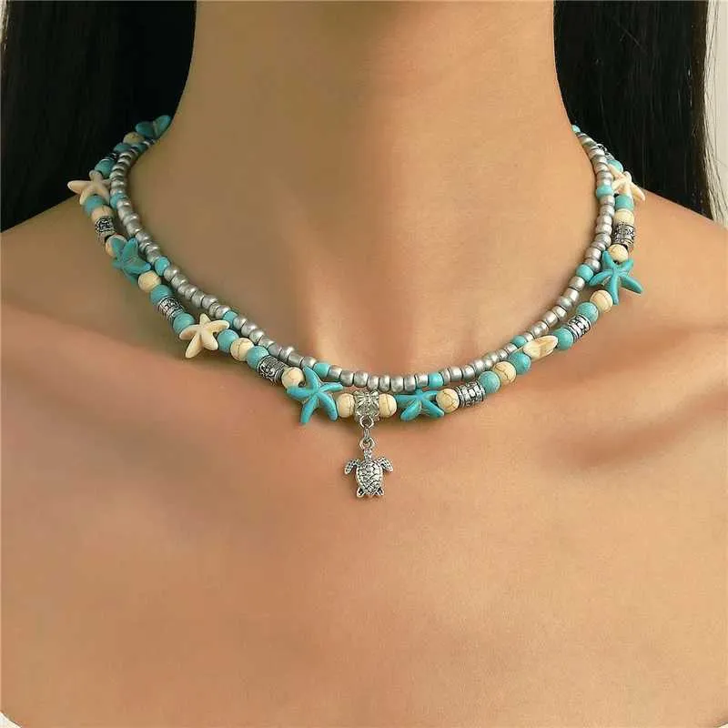 Chokers Bohemian Womens Shell Turtle Heart en forme de pendentif collier vintage Collier de perle à la main