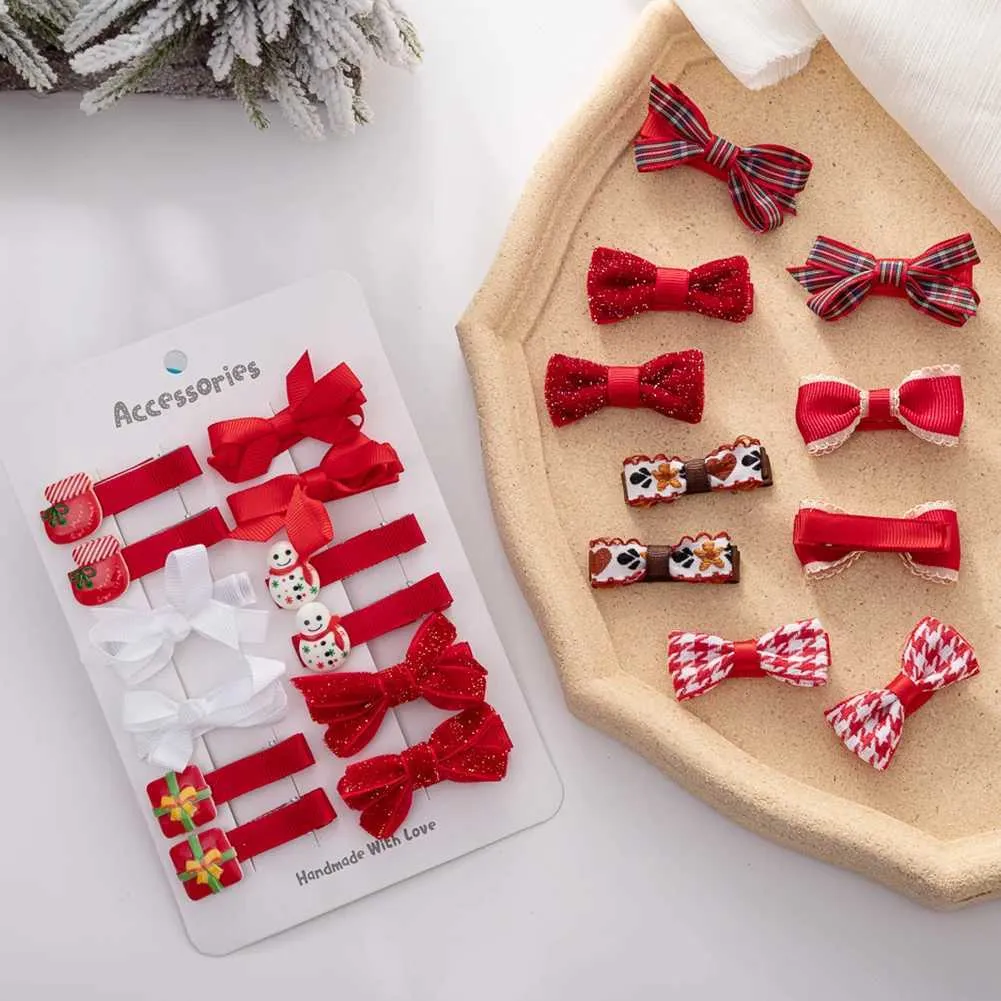 Hair Accessories 10Pcs/Lot Christmas Baby Girls Hair Clips Ribbon Santa Claus Gift Socks Tree Resin Hair Bows Xmas Dance Party Hairpins Hairgrips