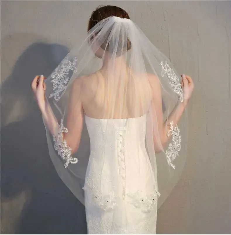 Jewelry Bridal Lace Embroidery Hollow Out Flower White And Ivory Veil Drop Wedding With Hair Comb Crystal Beads Wide_voghion.com