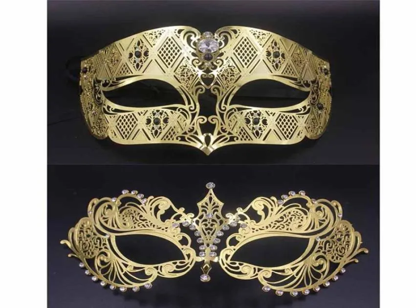 Party Masks Gold Metal Party Mask Phantom Men Femmes Filigree Masque Venetian Set Masquerade Couple Set Crystal Cosplay Prom Wedding 7043491