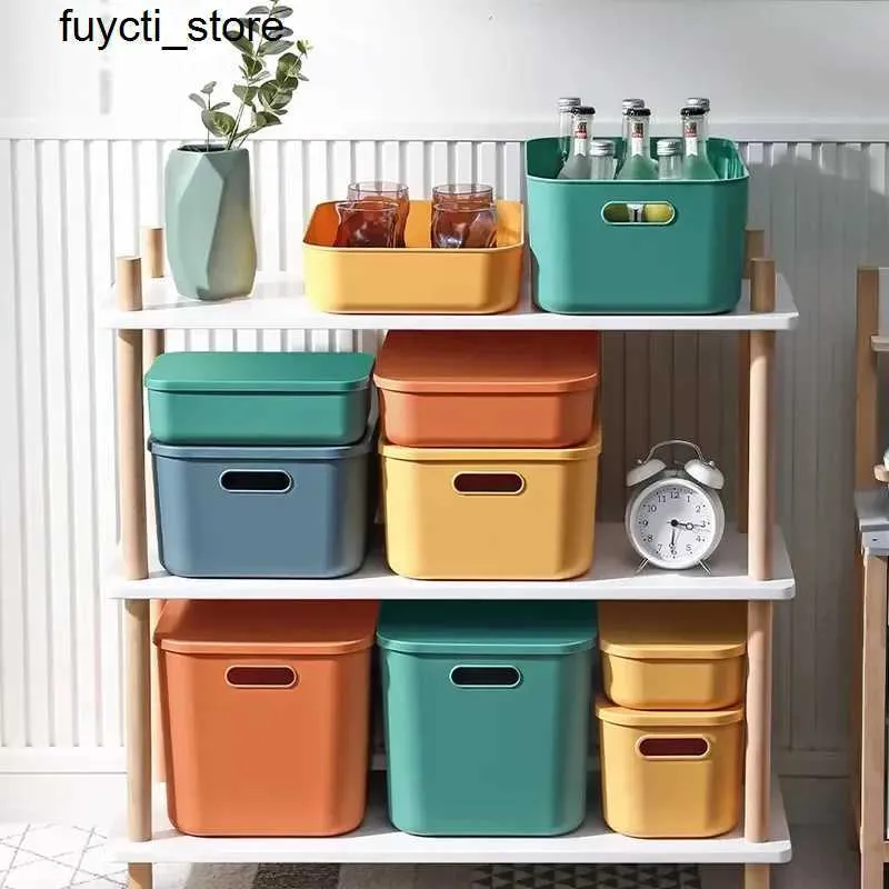 Lagringslådor BINS 1/2 Plastförvaringskort Stapelbar korg med lock och hanterad färgad skrivbordsbox Cube Container S24513