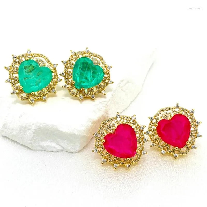 Boucles d'oreilles STAD EST Green rouge Pierres synthétiques Drop Heart for Women Gold plaqué de bijoux