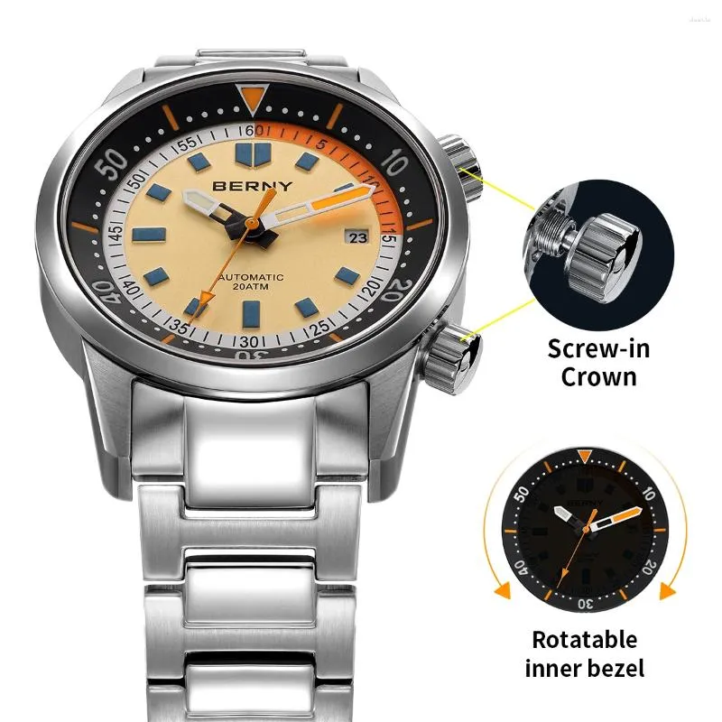 Montres bracelets Berny Automatic Diving Watches for Men 20amt Super Luminal Mechanical Men s Diver Watch Sapphire Full Innelesd Steel Dive