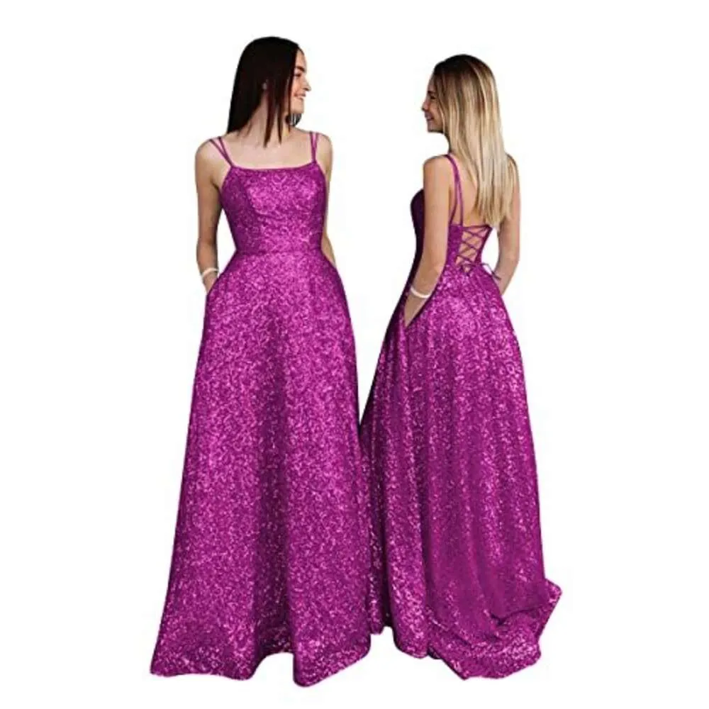 MARSEN Spaghetti Straps Sequin Prom Dresses Long Sparkly Backless Evening Gowns A line Formal Dre...