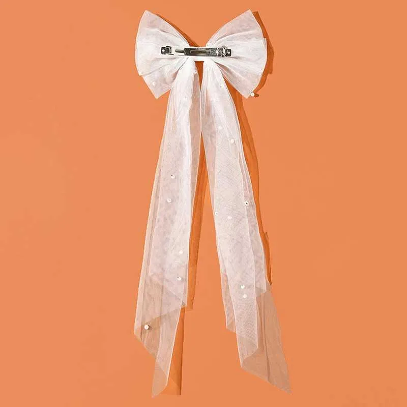 Bijoux Nouvelles Femmes Long Ruban Noeud Clips Élégant Perles Épingle À Cheveux Blanc Maille Épingles À Cheveux Fête De Mariage Mariée Accessoires De Cheveux_voghion.com