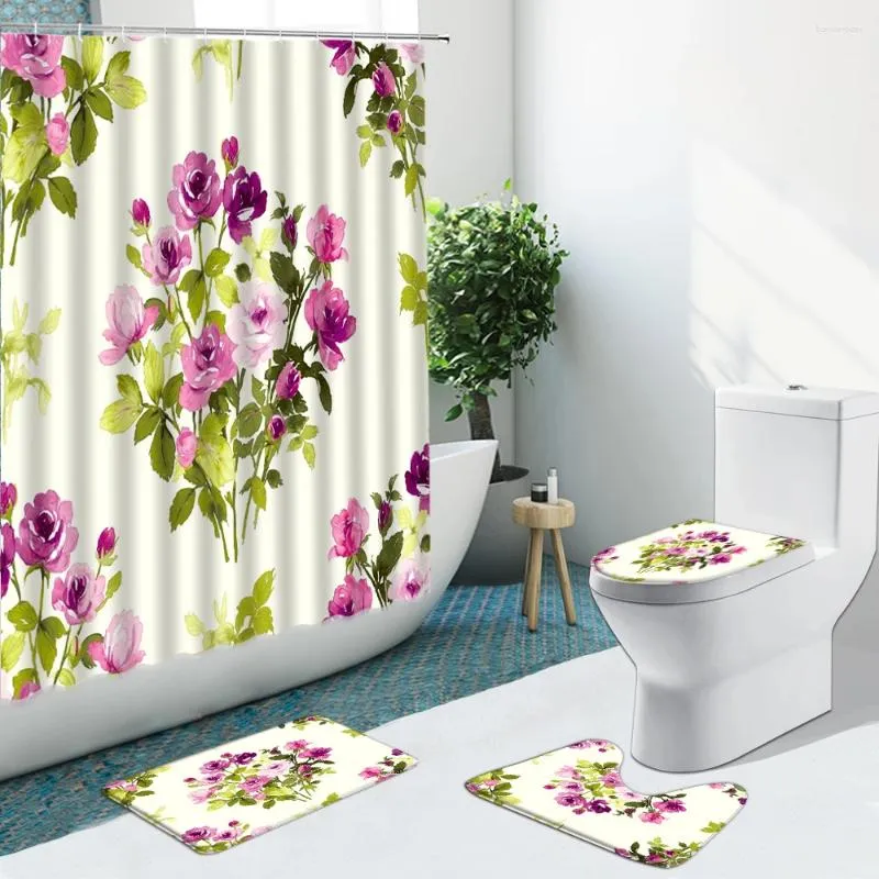 Shower Curtains Flower Green Leaf Hand Painted Floral Non-Slip Flannel Rug Toilet Cover Bath Mat Indoor Home Decor Bathroom Set