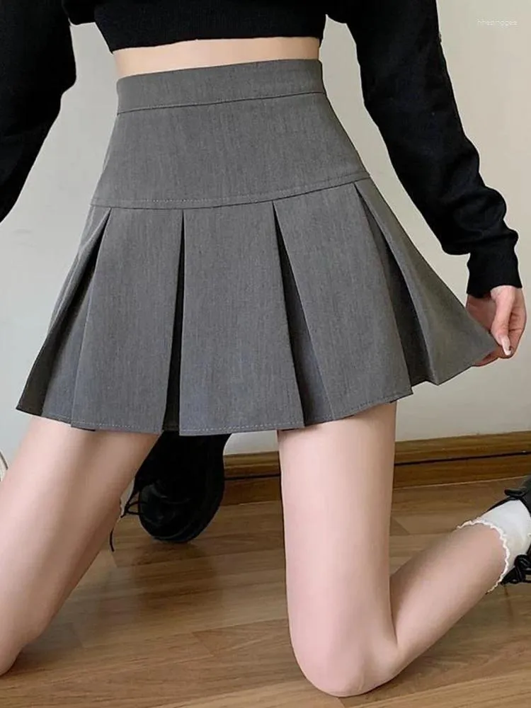 Saias jmprs moda uma linha feminina plissada saia alta cintura zíper cinza estudante mini jk verão 2024 preto feminino terno