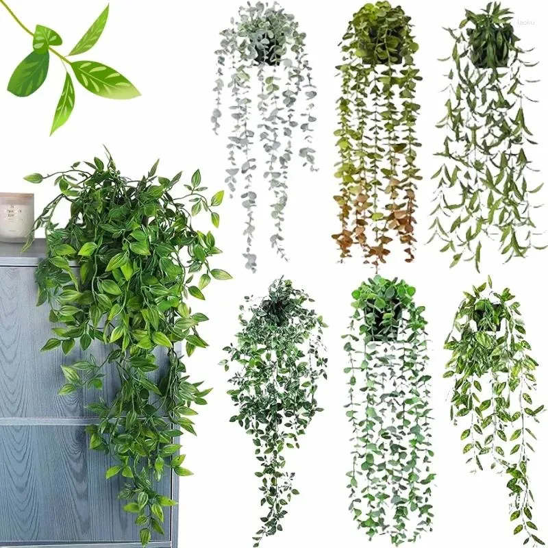 Decorative Flowers Artificial Hanging Plants Faux Potted Greenery Eucalyptus Vine Fake Bamboo Leaves Pea Pods Home Wall Shelf Indoor Decor