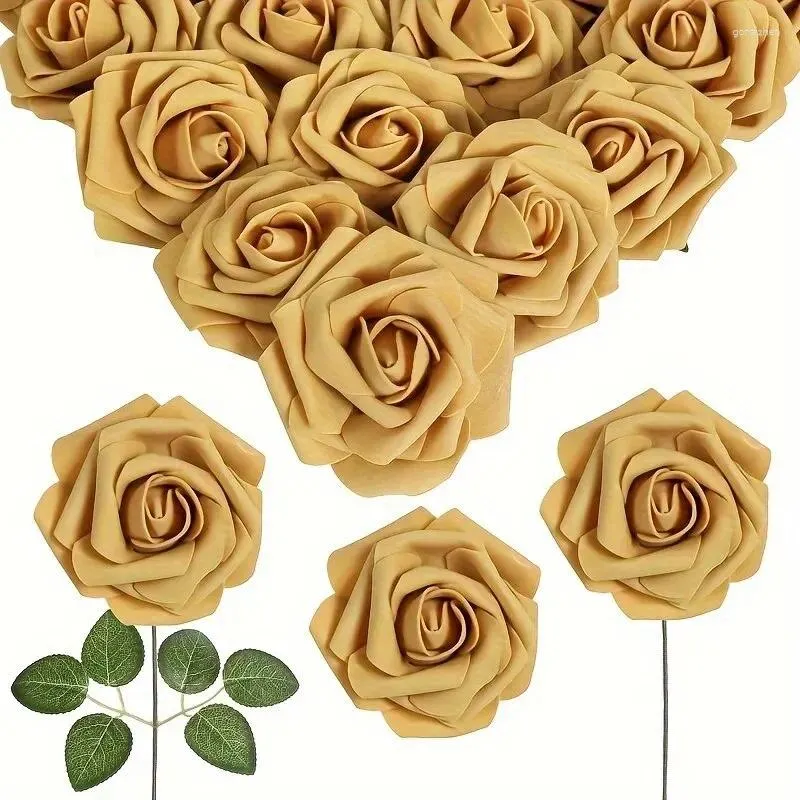 Fleurs décoratives artificielles 25pcs réels en mousse dorée dorée fausses roses avec tiges pour bouquets de mariage bricolage
