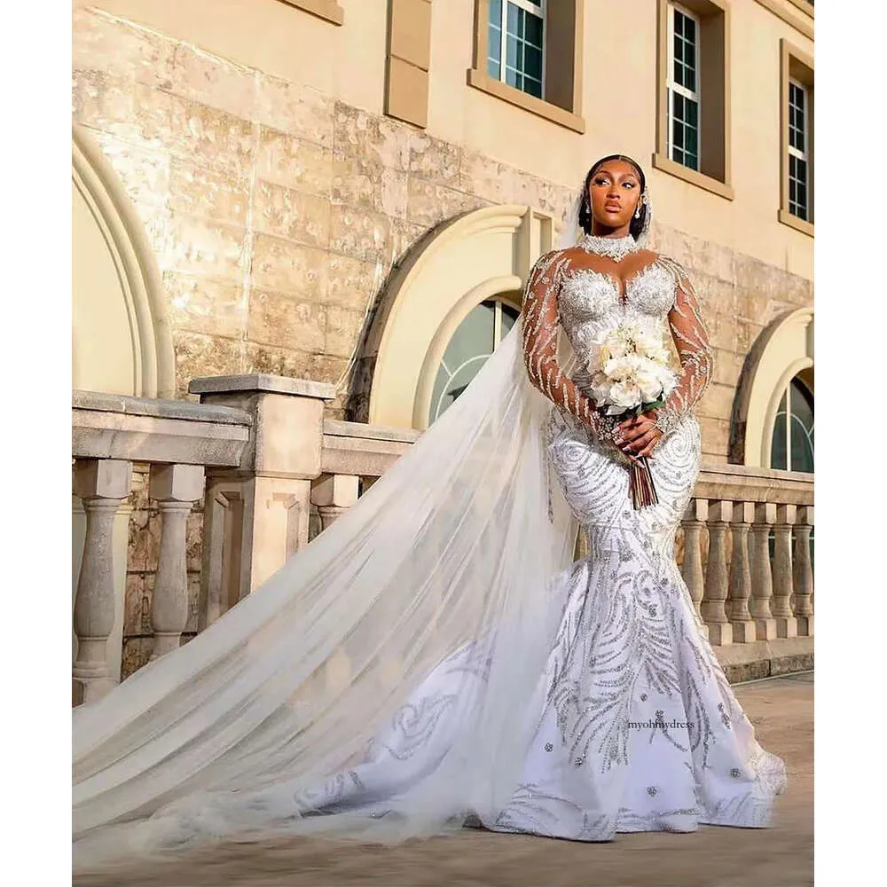 Mermaid Wedding Crystal Dress Llusion High Neck Long Sleeve Plus Size Bridal Troogs Beads Bruid Jurken Rozes Rabes de Mariee 326 ES 0514