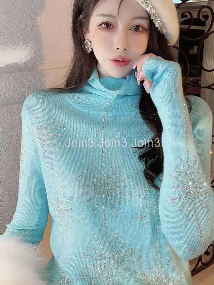 Womens turtleneck rhinestone shinny bling knitted sweater top jumpers