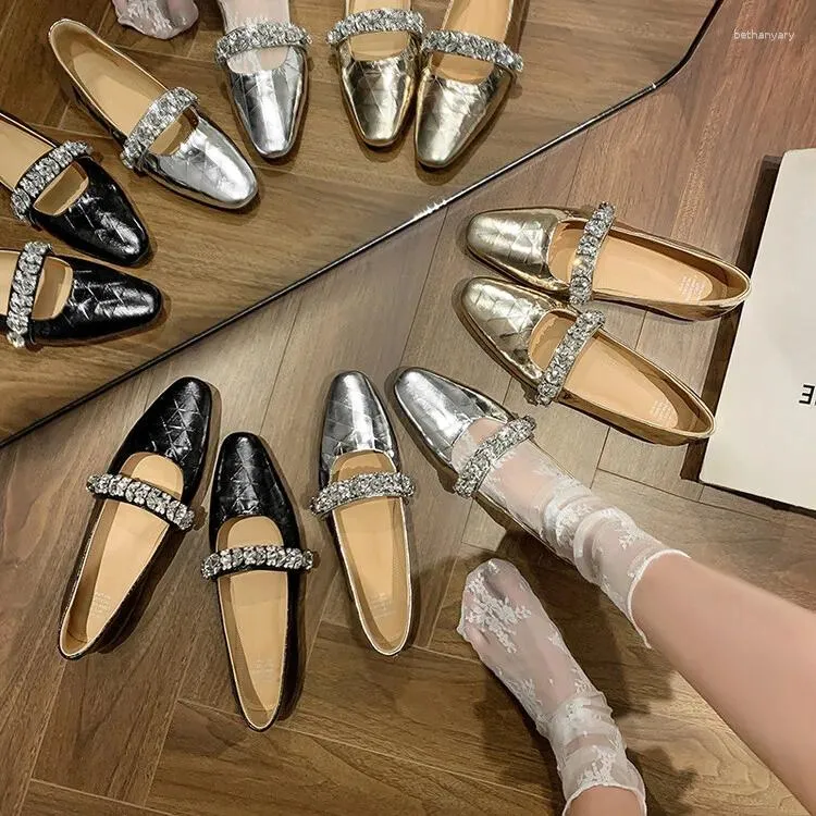 Casual Shoes Silver Leather2024 Women Flats Rhinestone Strap Gold Prom Party Espadrilles Black Chic Fashion Lady Working Stilettos Ballets