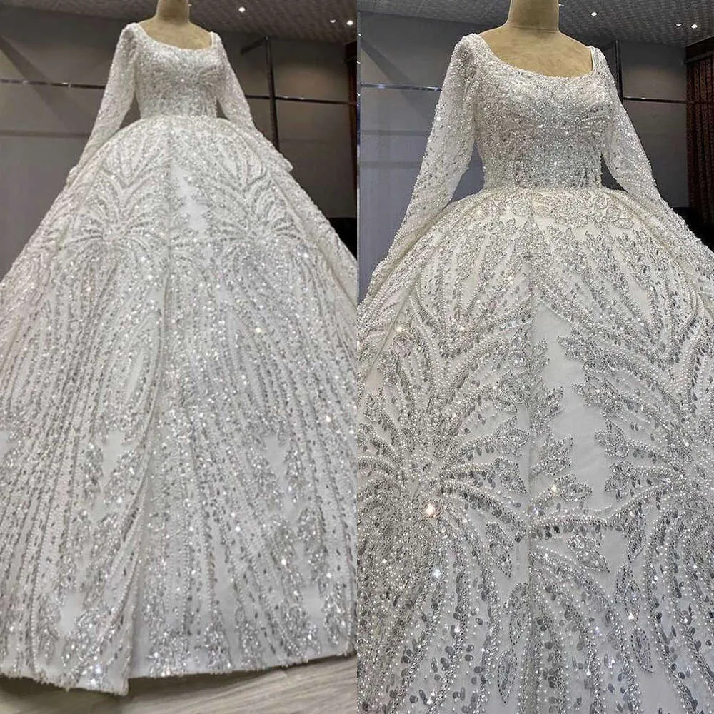 Vestidos de noiva de bola Aplique as pérolas de lantejoulas de mangas do tribunal sem costas zíper de noiva personalizado descepisl