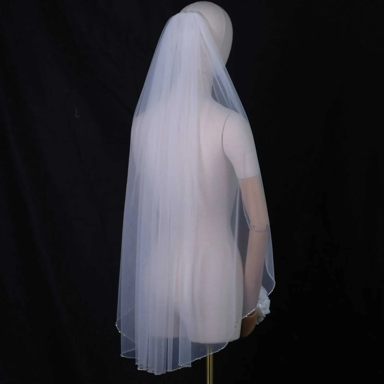 Haarschmuck Brautschleier Kristallperlen 1-stufig Hochzeitsschleier Strass Perlenbesatz Weicher Tüll mit Kamm Kathedrale_voghion.com