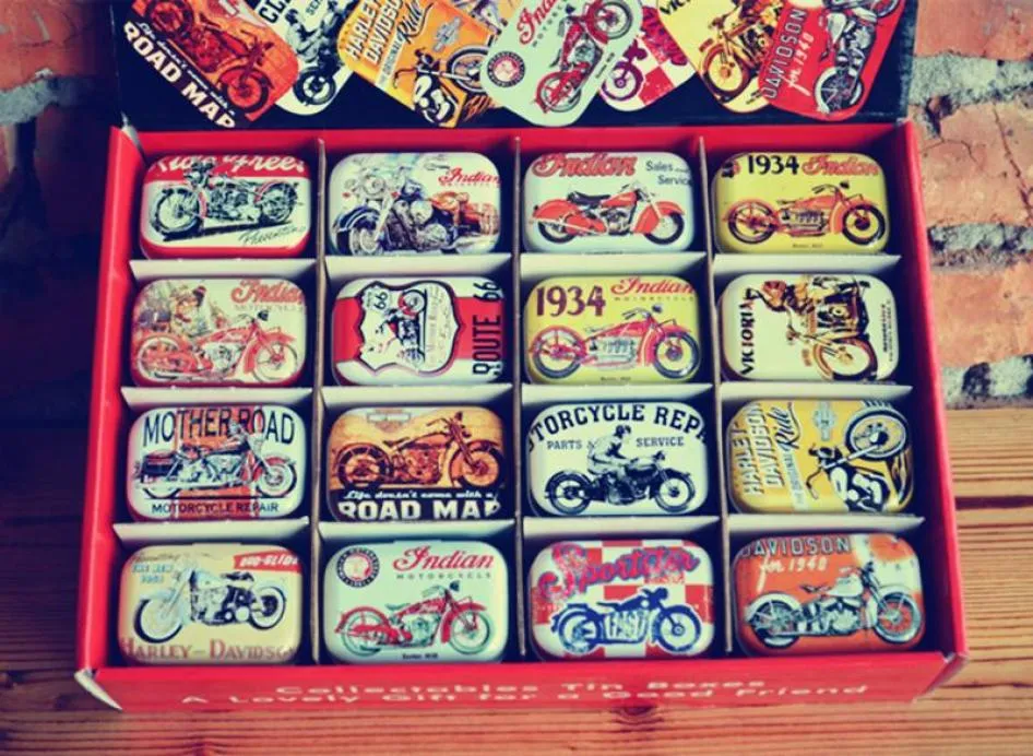 32pcsbox Vintage Motorbike design Tin Box Metal Coin Saver Small Jewerly Case case 16 designs Chocolate Gift Box7899975